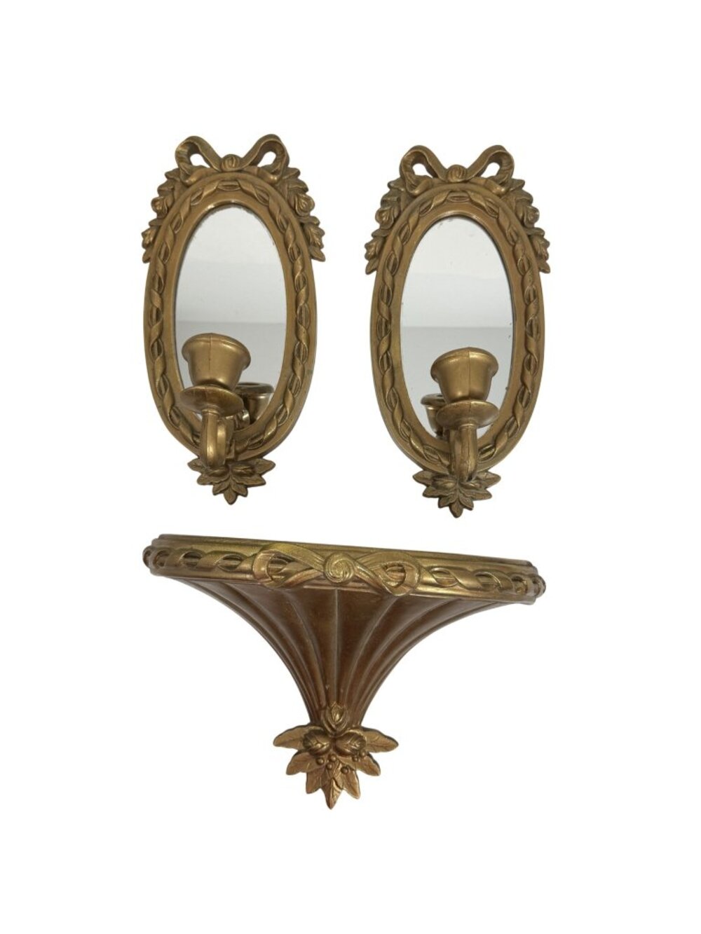 VTG Hollywood Regency Bow and Ribbon Wall Candle Sconce Holders w Matching Shelf